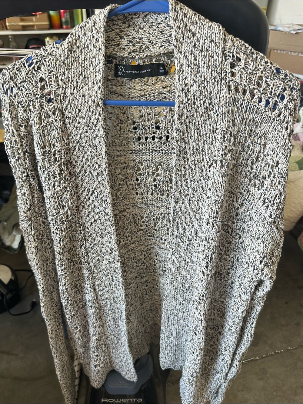 New York & Company Cream and Black Marled Open-Knit Cardigan